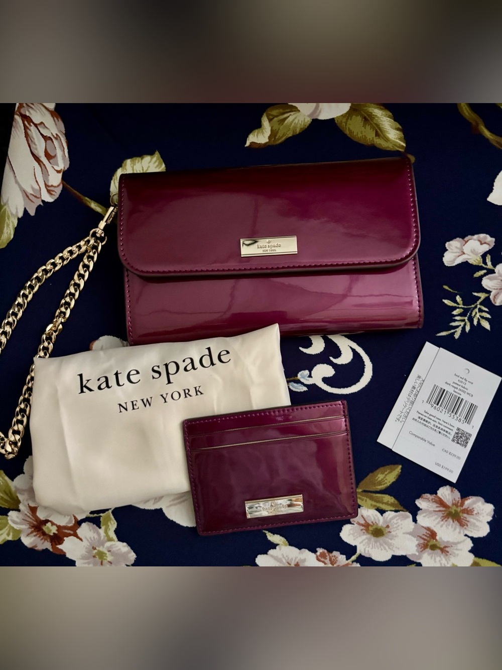 Kate Spade Kenzie Patent Wallet & Card Holder Gift Set Plum Metallic New